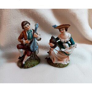 Pair Vtg Norleans Bisque Figurines Georgian Couple lute jug bird Perfect 5.5"